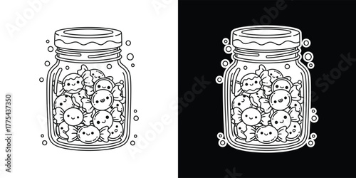 A delightful jar filled with cute candies, each with its own unique expression, isolated on white background