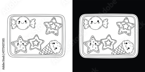 A charming tray of kawaii sweets, including star cookies, a candy, and an ice cream cone, isolated on white background