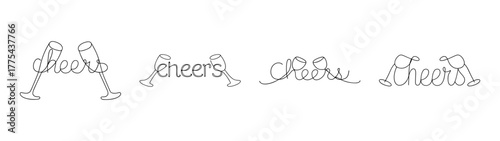 Two people cheers toasting with wine glasses in a minimalist line art style