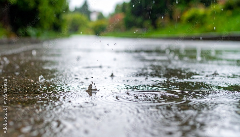 Fototapeta premium Close-Up of Rain Falling into Puddle Outdoors