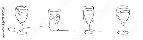 Four simple line drawings of glasses filled with liquid