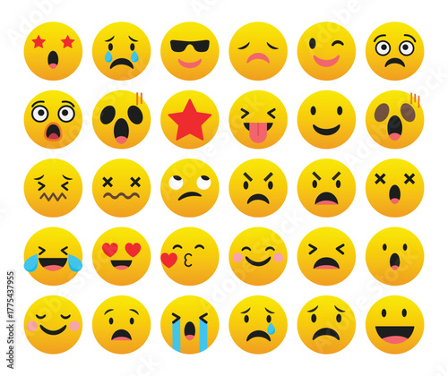 Vector illustration of collection of diverse emoji faces expressing various emotions