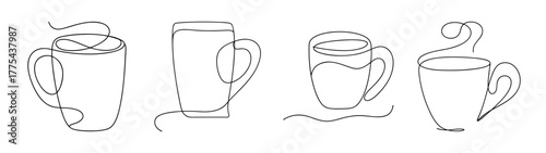 Four unique hand drawn cider mug styles line art rendering
