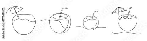 Four simple line art drawings of coconut drinks with straws and garnishes