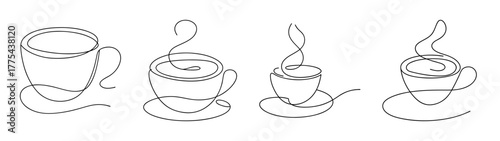Four artistic line drawings of steaming coffee cups on saucers
