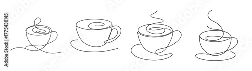 Four hand drawn coffee cup designs with steam and saucers for your projects