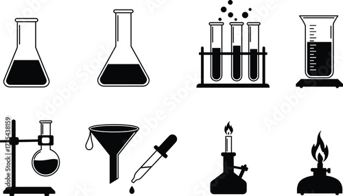 Science laboratory glassware and chemical experiment equipment silhouette set, including flasks, beakers, test tubes, burner, and pipette for education and research