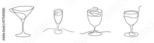 Four elegant glassware designs featuring various cocktail and dessert styles