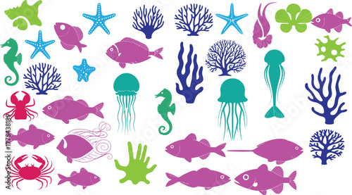 Marine Life Vector Set of Fish Seaweed Coral Starfish Seahorse Jellyfish