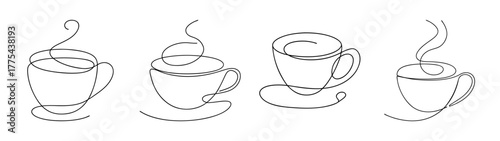 Four sketchy espresso cups with steam swirls aroma beverage coffee break