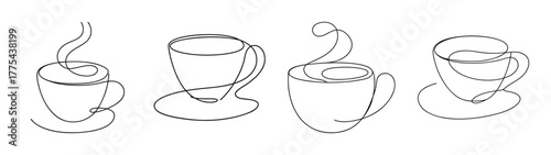 Collection of four espresso cups with steaming coffee hand drawn style