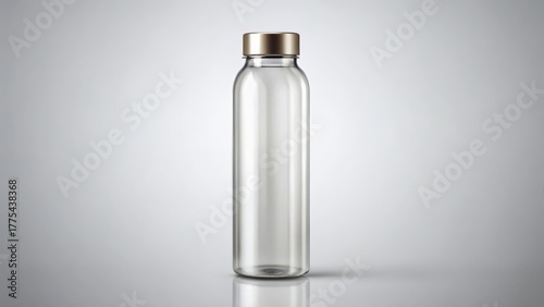 Transparent glass water bottle with metallic cap on neutral backdrop