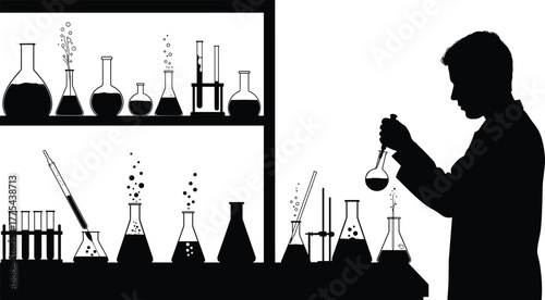 Scientist working in chemistry laboratory silhouette vector, chemical experiment with glassware, beakers and test tubes for science, research, and education design