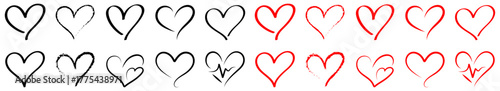 Romantic heart shape outline set in black and red colors showing different love symbols, ideal for Valentine, wedding, and romantic decoration designs. heart, doodle, valentine, vector, icon