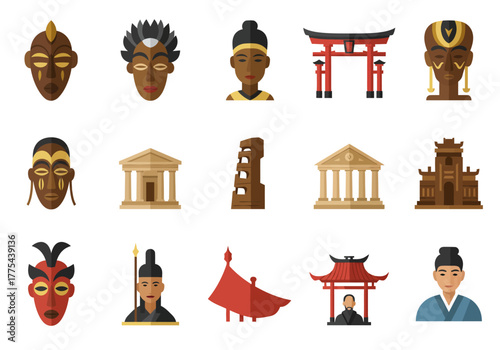 Diverse cultural icons masks temples traditional figures and Japanese gates displayed