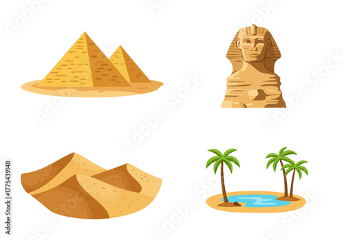 Egypt Pyramids Sphinx dunes  oasis with palm trees