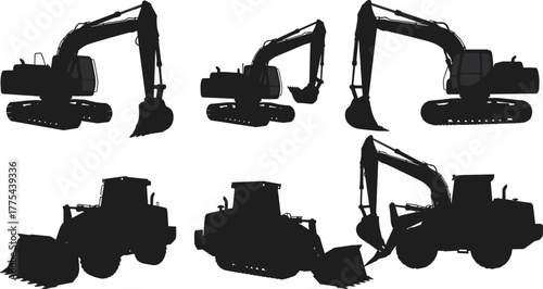 Silhouette collection of heavy construction machinery excavators and bulldozers, industrial equipment for digging and earthmoving work, isolated vector illustration set