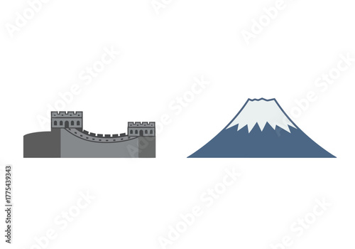 Great Wall of China and Mount Fuji a Japanese volcano illustrated