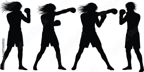 Boxing silhouette sequence, four dynamic poses, female boxer motion, punching technique, defensive stance, training form, sports movement study, vector illustration, shadow figures