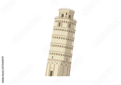 Leaning beige tower with tiered architecture and multiple arches against a plain white background