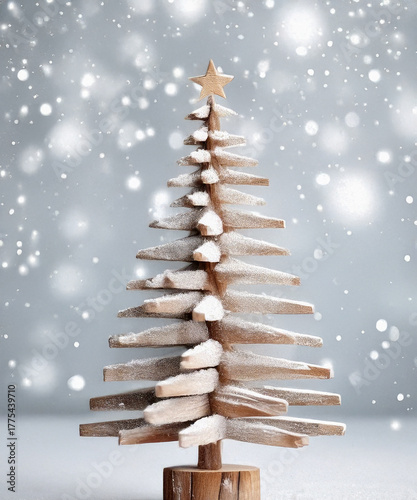 A rustic wooden Christmas tree stands elegantly against a frosty silver background, evoking a cozy holiday spirit.