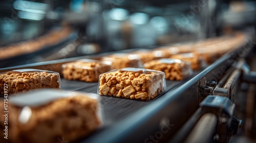 Food production line with rows of packaged savory crackers on a conveyor belt. The packages have blank white labels in an efficient factory setting.