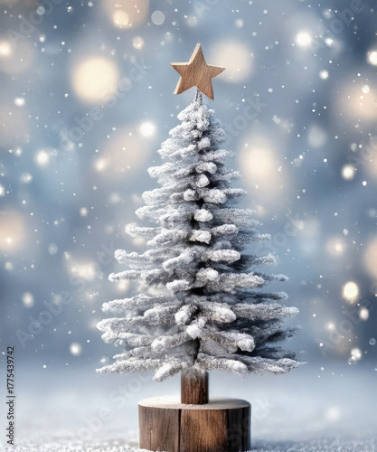 A rustic wooden Christmas tree stands elegantly against a frosty silver background, evoking a cozy holiday spirit.