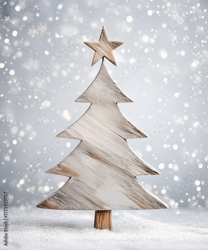 A rustic wooden Christmas tree stands elegantly against a frosty silver background, evoking a cozy holiday spirit.