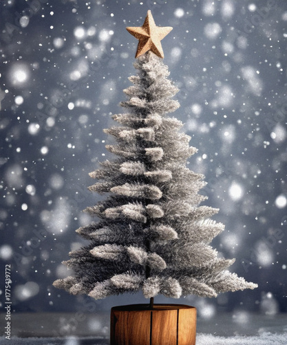 A rustic wooden Christmas tree stands elegantly against a frosty silver background, evoking a cozy holiday spirit.