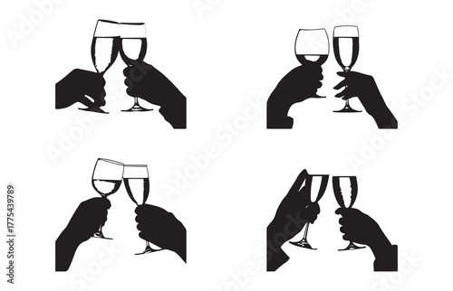 Silhouette of two people drinking champagne while toasting


