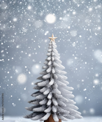 A rustic wooden Christmas tree stands elegantly against a frosty silver background, evoking a cozy holiday spirit.