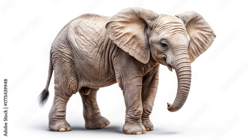 Fototapeta premium Young Elephant Calf Standing on a White Background