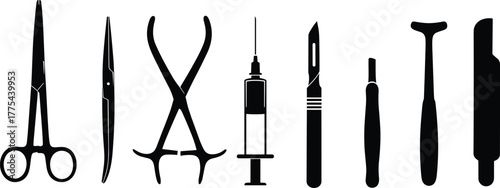 Silhouette collection of surgical instruments and medical tools vector illustration, black icons set for hospital, healthcare, surgery, medicine, and clinic design