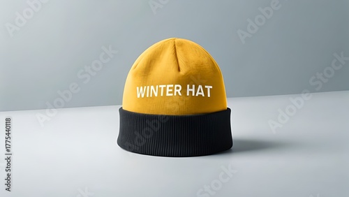 Yellow and Black Winter Hat on Minimal Grey Background