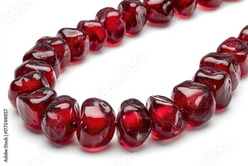 Close up of ruby red pomegranate seeds on white backdrop