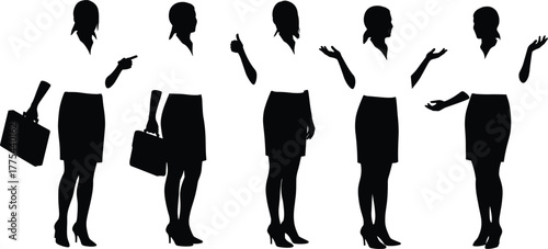 Businesswoman silhouettes demonstrating professional gestures, briefcase pointing, thumbs up approval, explaining with raised hand, expressive conversational body language in office presentation