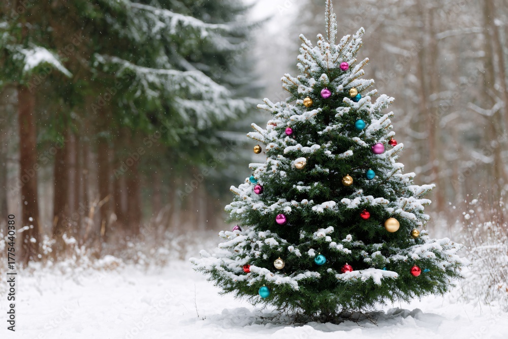Obraz premium Snow-covered Christmas tree adorned with colorful ornaments in forest
