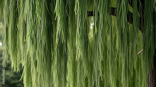 canonization. A weeping willow tree with drooping branches in muted green tones. gardening catalogs, home-decor guides, designed for gardening and botanical catalogs, used by logistics managers.