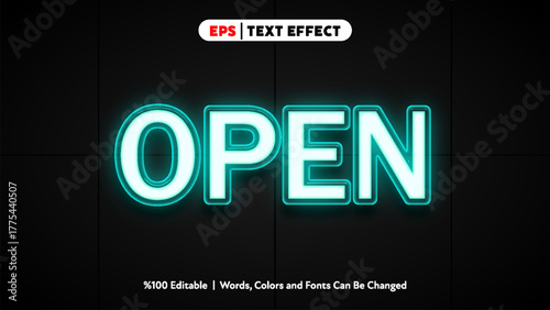 Neon glowing open sign with bright turquoise light effect for business promotion vector design
