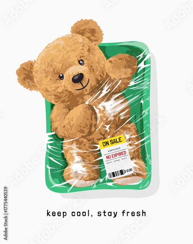 with bear doll in plastic wrapped vector illustration  - drawn by hand