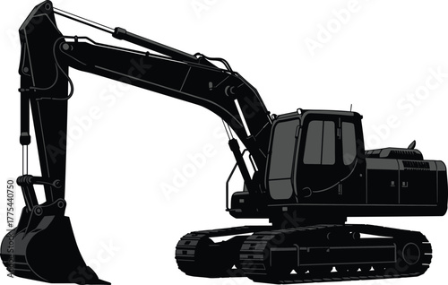 Silhouette illustration of heavy excavator construction machine, industrial digger vehicle with bucket arm, engineering equipment for mining, earthmoving and building work projects
