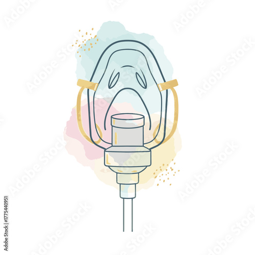 Nebulizer mask line art illustration. Medical icon for respiratory therapy and asthma treatment. Flat vector graphic with a watercolor effect