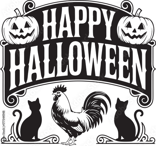 Happy halloween design with rooster and cats