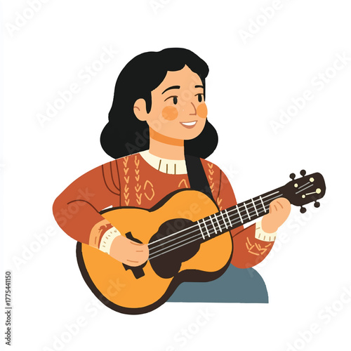 Young woman playing acoustic guitar with a smile