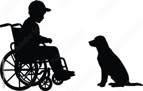 Child in wheelchair with dog, silhouette vector, accessibility and companionship, therapy animal interaction, inclusive play, adaptive mobility, emotional support bond