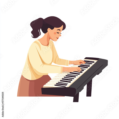 Young Woman Playing Electronic Piano Keyboard with Focus and Dedication