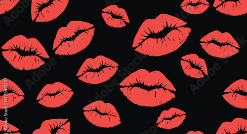 A playful and stylish seamless pattern features numerous red lipstick kiss imprints scattered across a dark black background, evoking passion and romance.