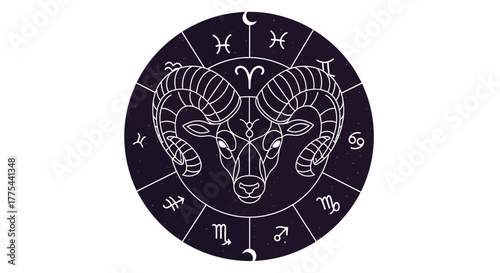Geometric line art of the Aries ram zodiac sign centered in a cosmic wheel with twelve astrological symbols against a starry sky, symbolizing spirituality.