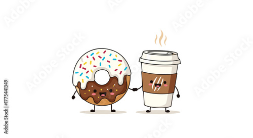 Cute cartoon donut with sprinkles and coffee cup with steam holding hands, depicting a sweet friendship on a white background.