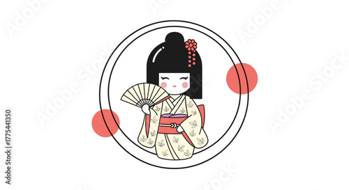 Cute Japanese doll in traditional kimono with a fan inside a circular frame, adorned with playful red dots, embodying traditional Japanese culture.